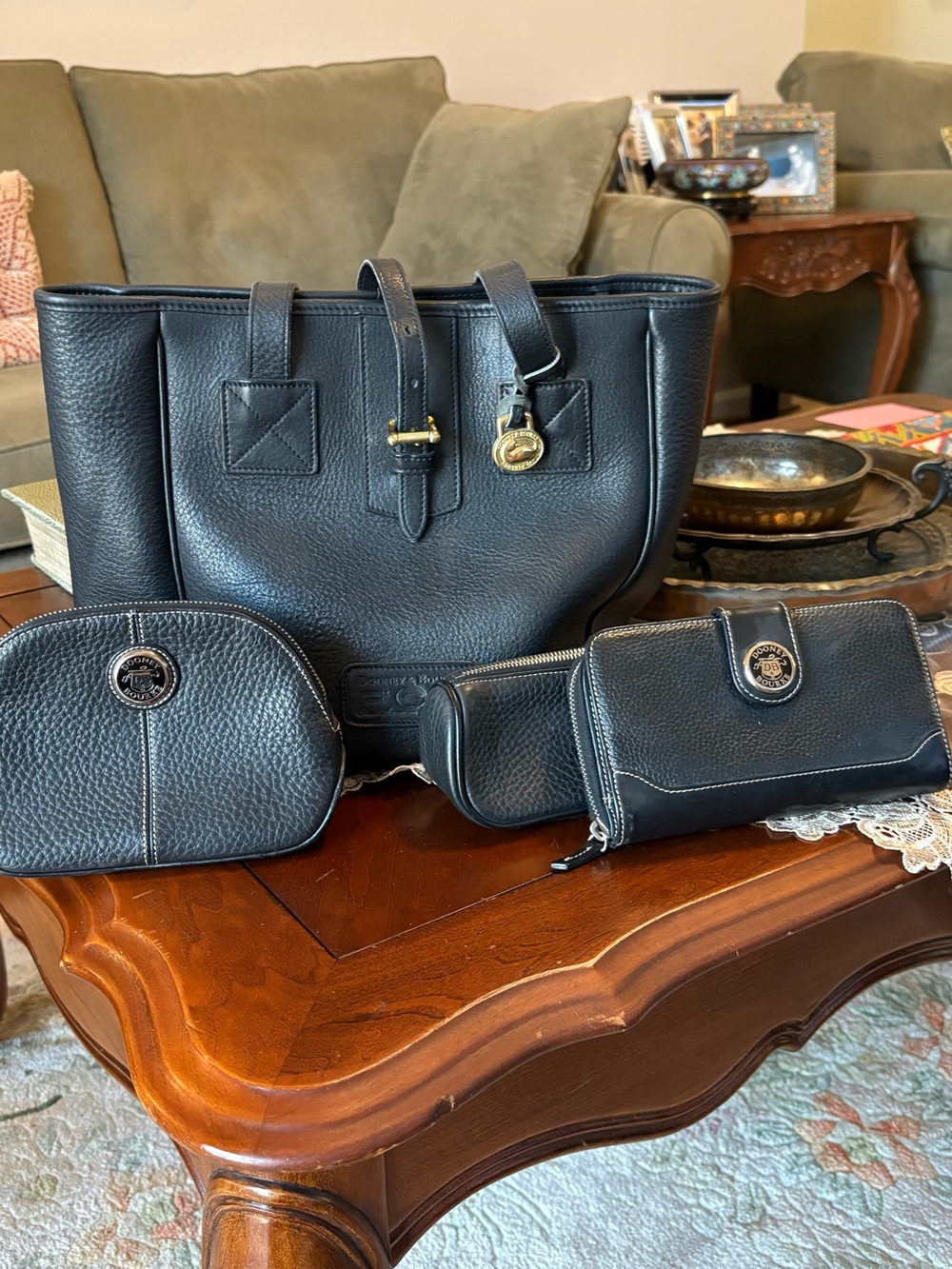 Dooney & Bourke Black Pebbled Leather Tote with Matching Wallets and Pouch Set